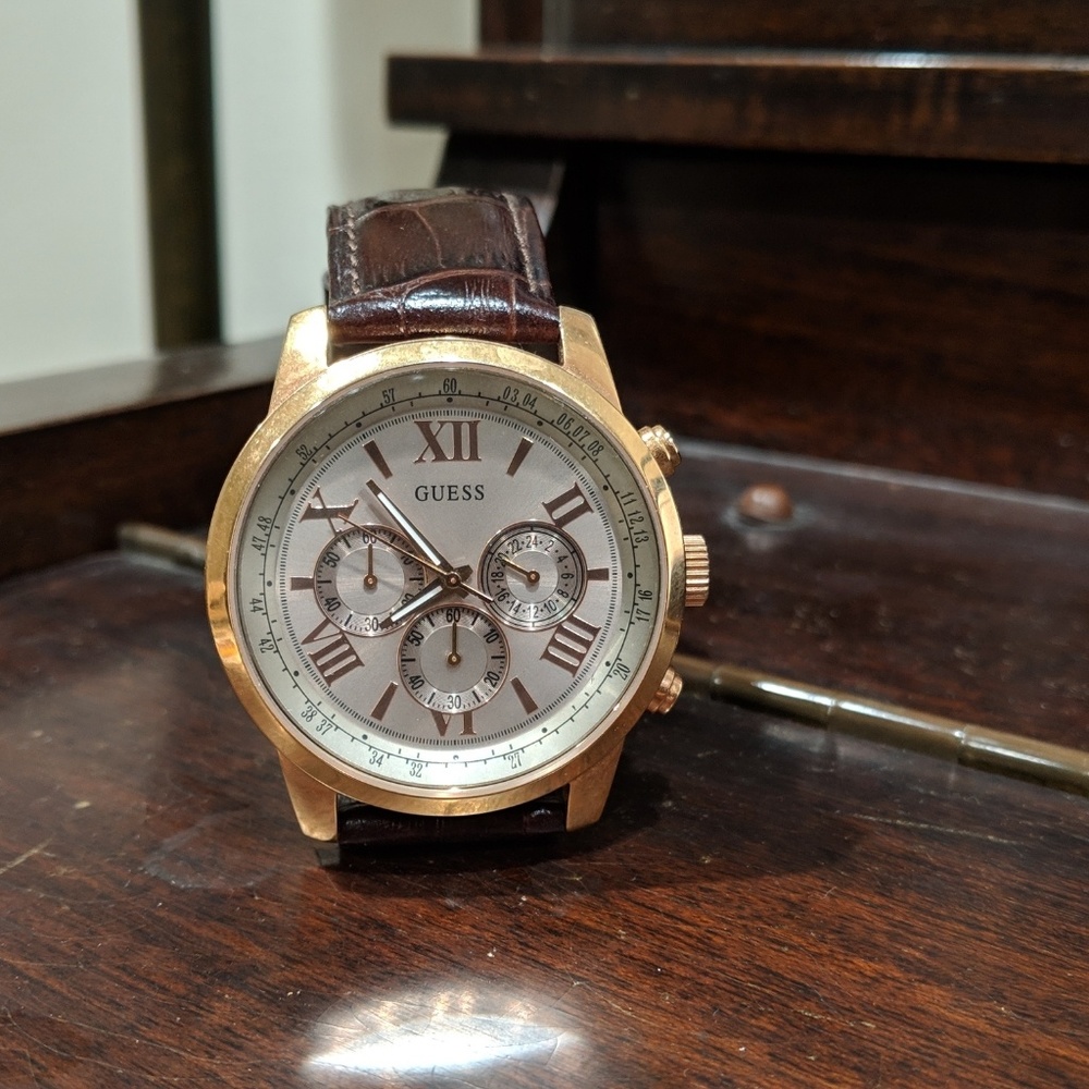 Guess Mens Watch Rose Gold Chronograph W Leather